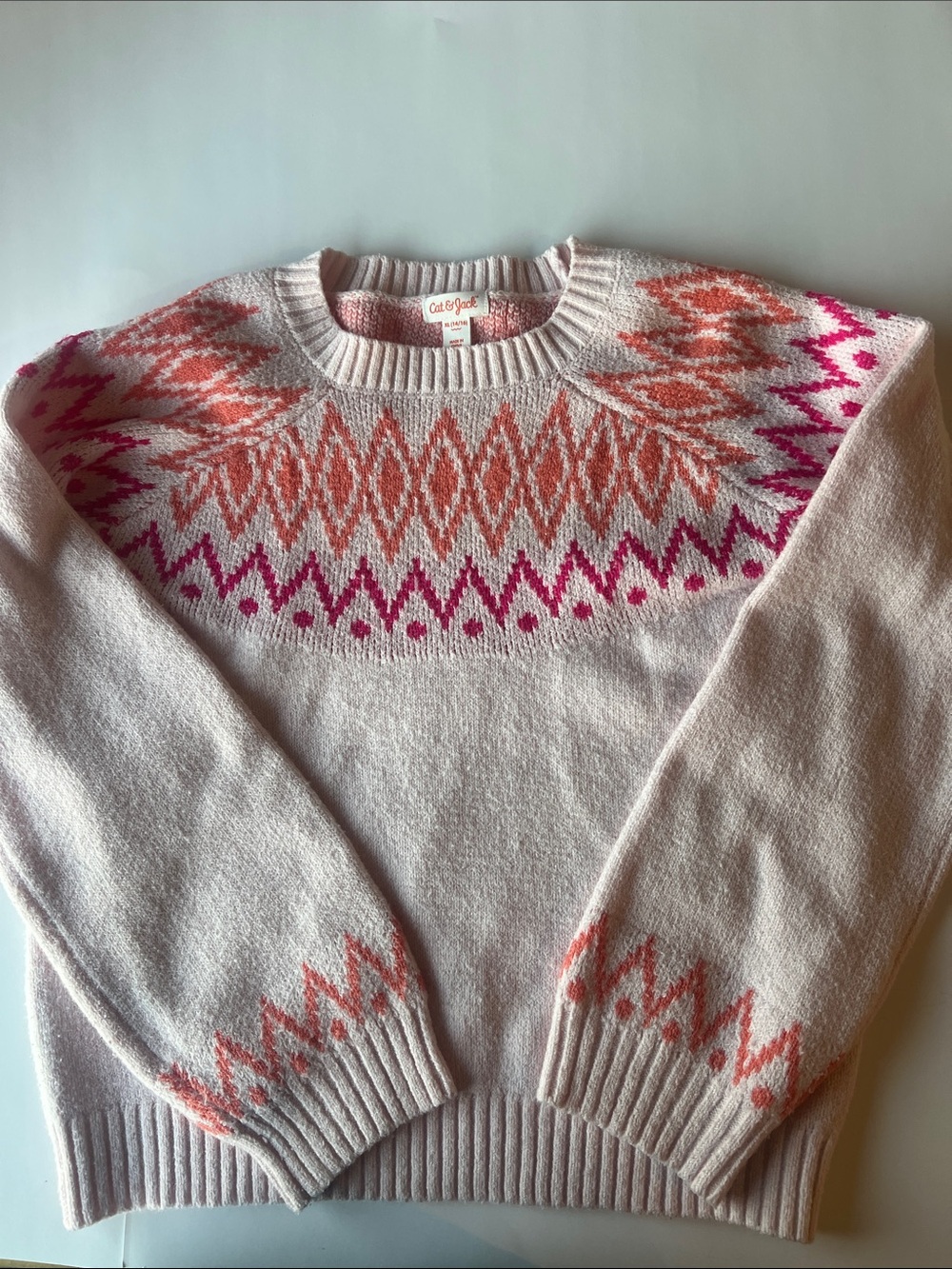 Cat & Jack Pale Pink Crewneck Sweater with Coral and Fuchsia Fair Isle Yoke
